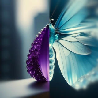 An image split in the middle. On the left side: left half of a violet, chrysalis-shaped, glass-like object with little beads on the outside. On the right side: right half of a light blue, glass-like butterfly.