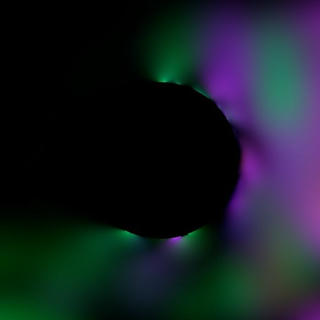 An image resembling a circular, black hole with blurred green and violet stripes emanating from it.