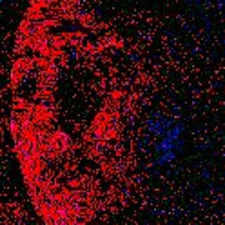 An extremely grainy, glitchy, red-colored image somewhat resembling a woman's face.